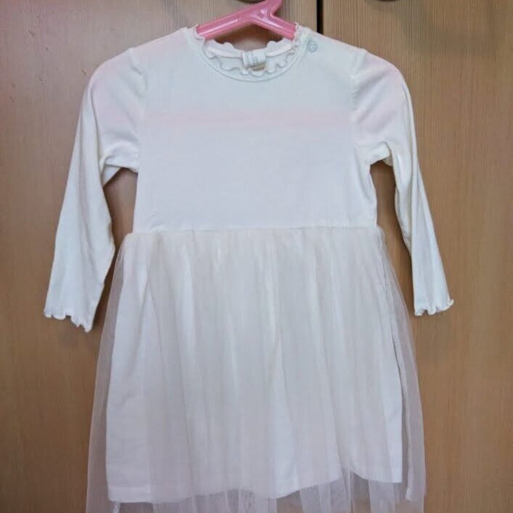 H&M Toddler Girl White Cotton Dress with Tulle Skirt Size 18-24M / 2T Preowned